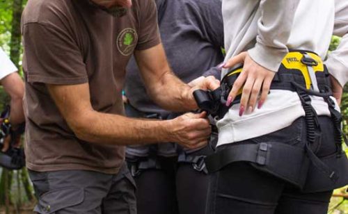 préparation à la grimpe d'arbre, mise en place du baudrier avec Christophe Mayer